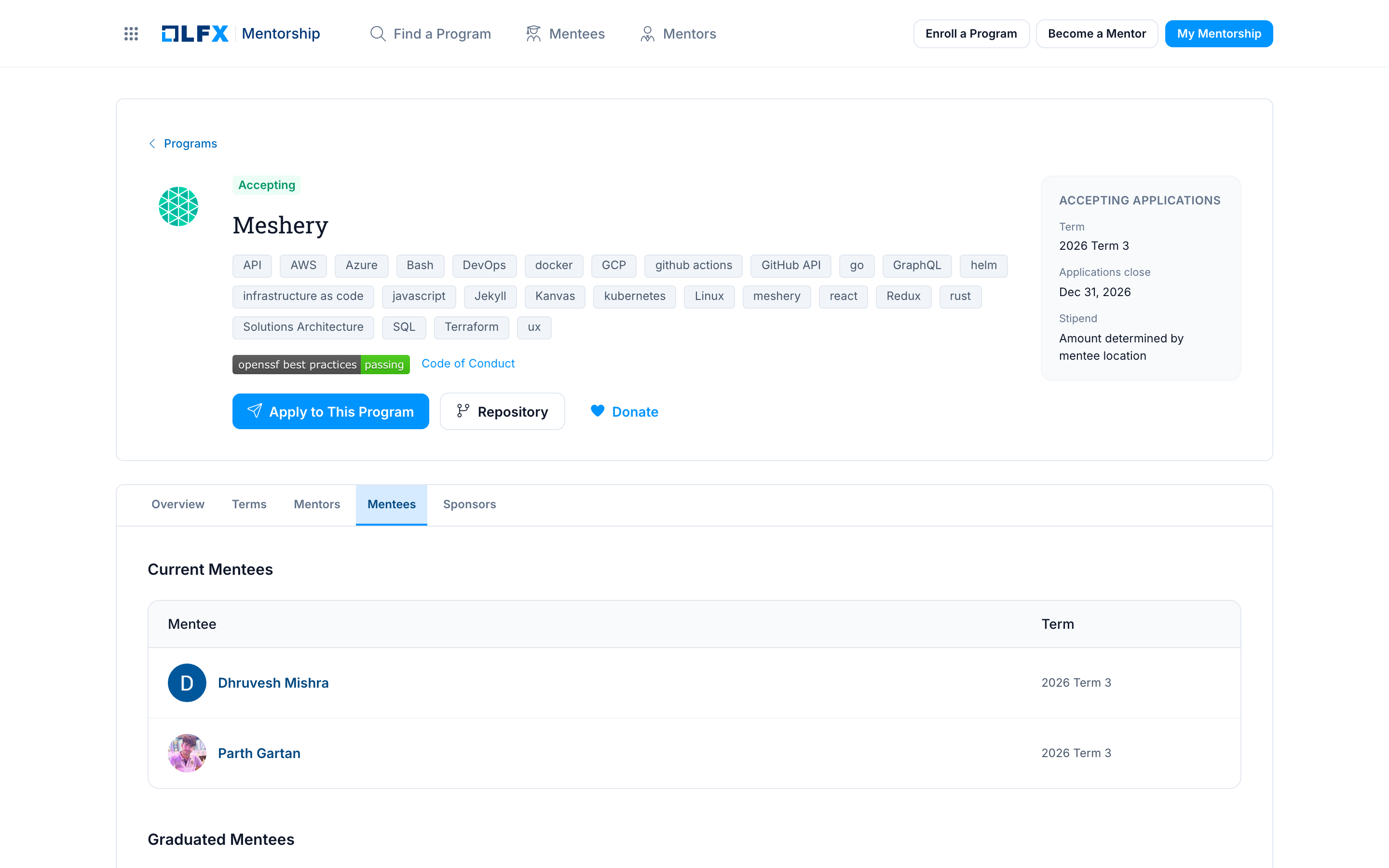 Mentees tab on a program page