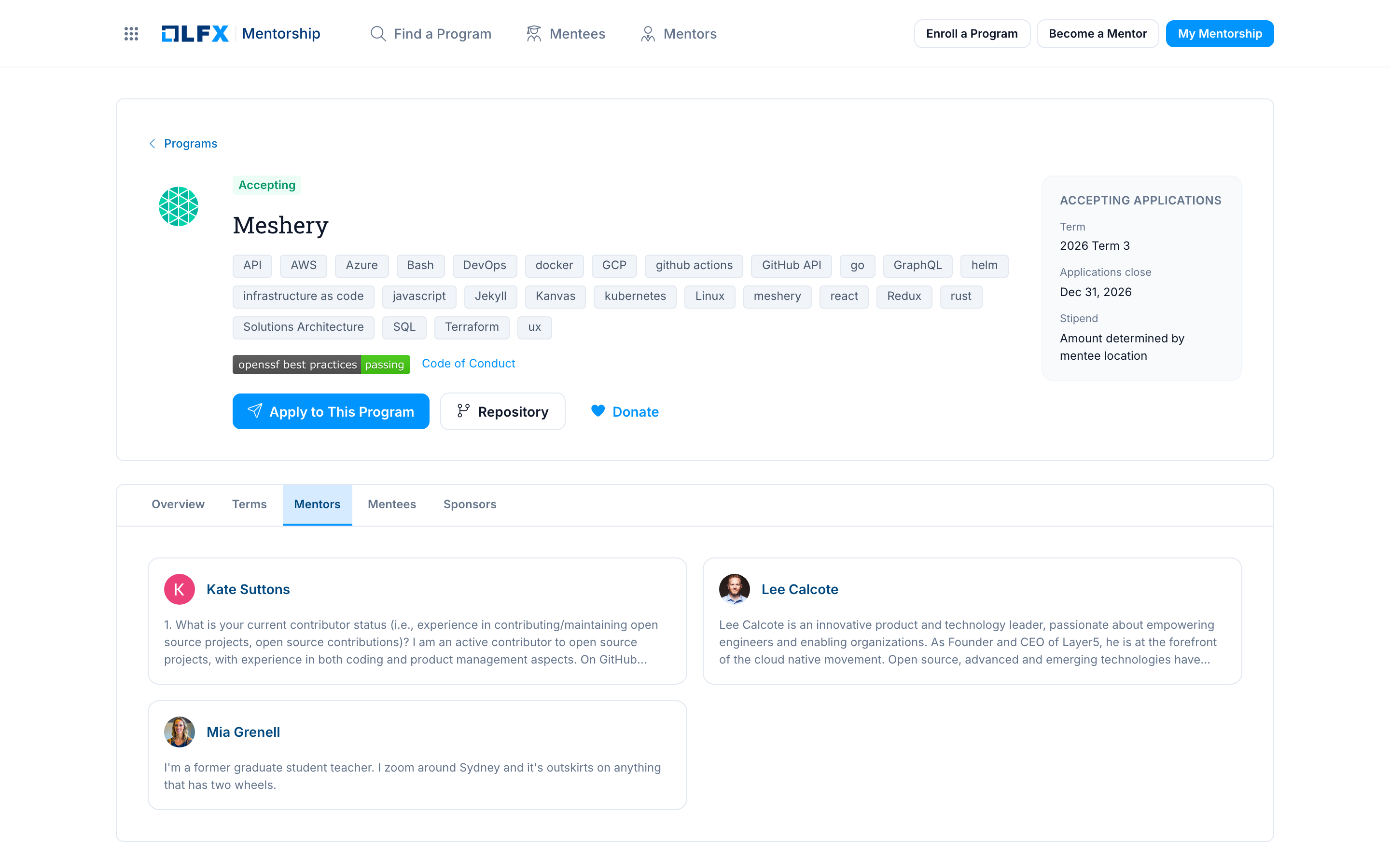 Mentors tab on a program page